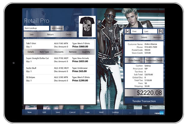 Company-supplied example of a Retail Pro mobile POS interface showing item and customer information