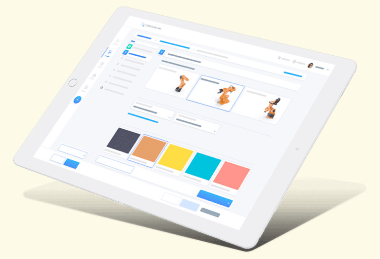 Configure One Cloud interface showing selectable industrial robot configurations and color options