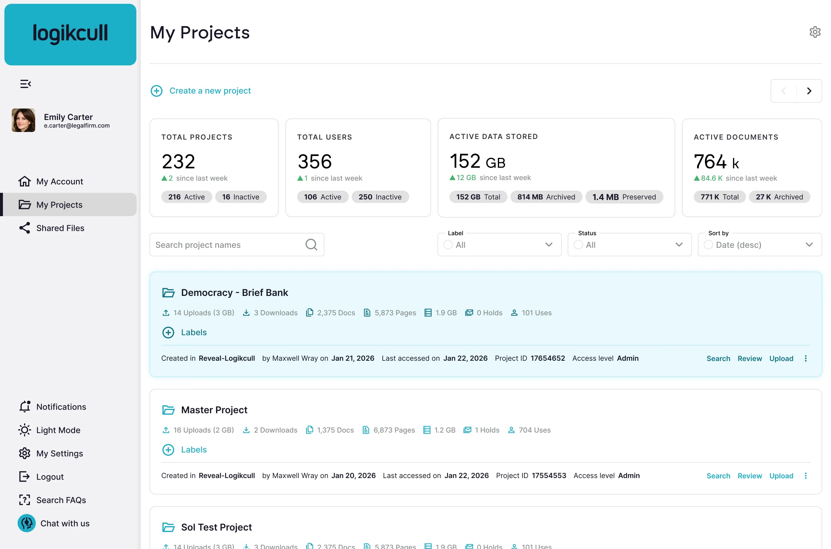Logikcull demonstration dashboard showing projects, users, stored data and document totals