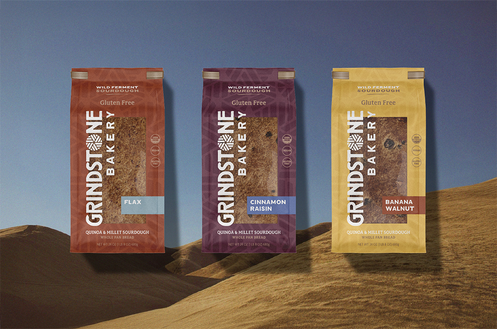 Grindstone Bakery flax, cinnamon raisin and banana walnut bread packaging