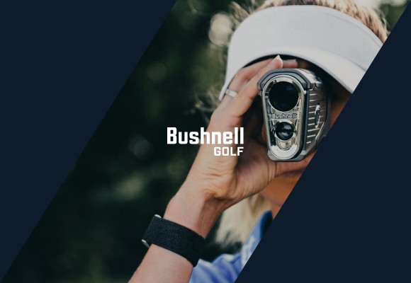 Bushnell Golf branding over a golf course scene