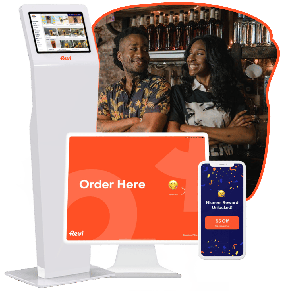 Revi self-service kiosk, ordering screen, and branded mobile app shown beside two restaurant owners
