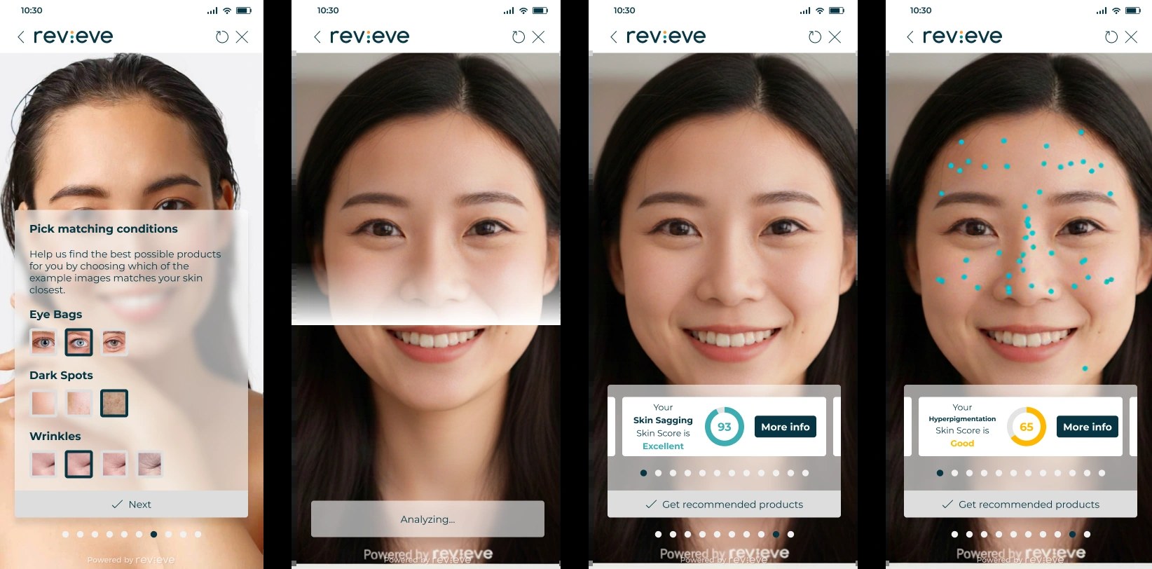 Revieve AI Skin Diagnostics interface analyzing a selfie