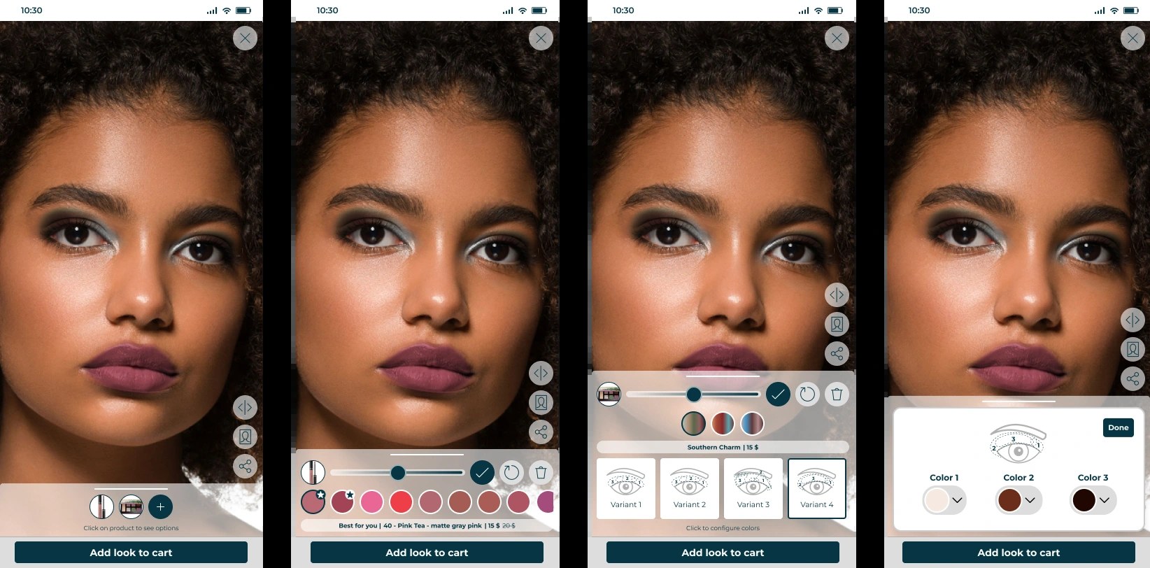 Revieve virtual makeup try-on showing shade options on a model