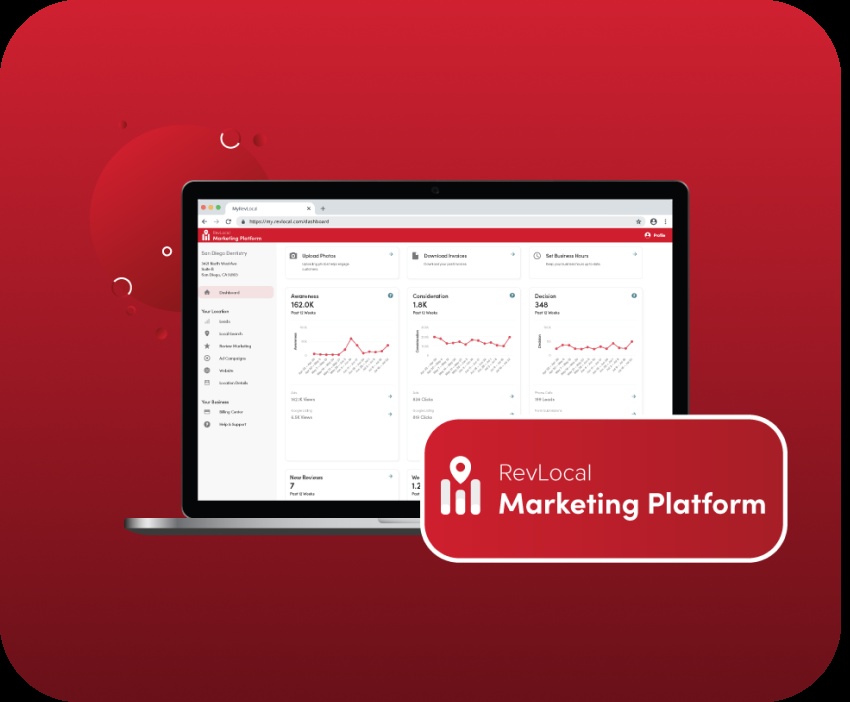 Historical RevLocal Marketing Platform displayed on a laptop, with awareness, consideration and decision metrics
