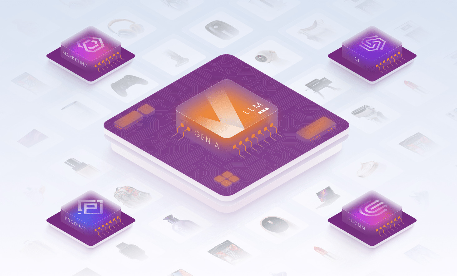 Revuze illustration of AI-powered consumer signals flowing through a digital platform