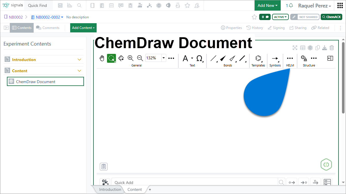 ChemDraw document inside a Signals experiment, showing the drawing toolbar and HELM option