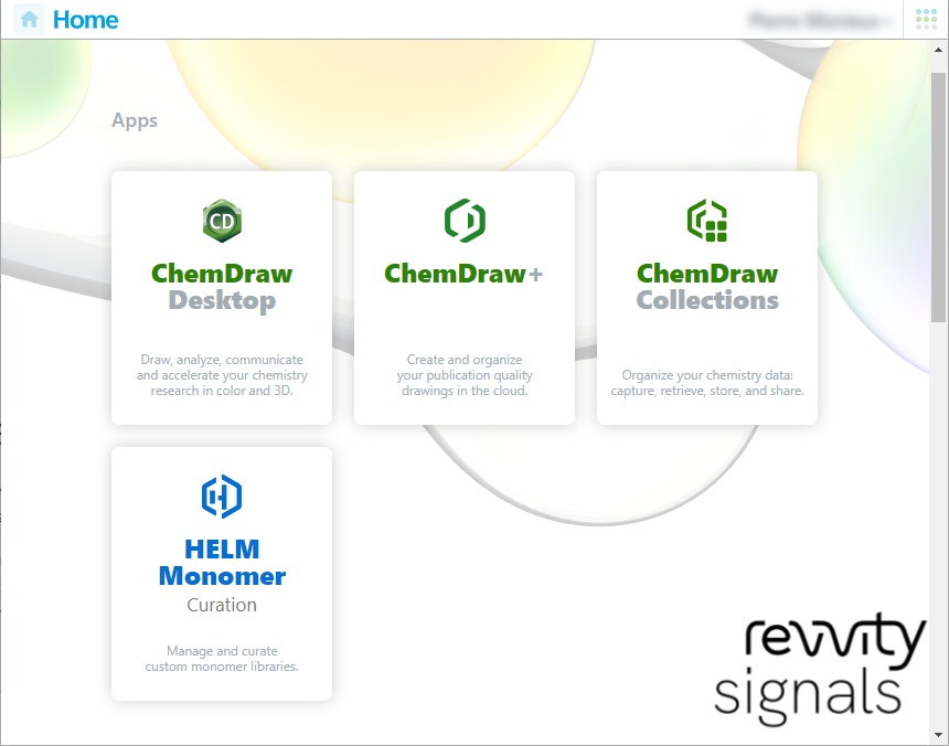 Signals chemistry application screen with ChemDraw Desktop, ChemDraw+, Collections and HELM Monomer Curation tiles