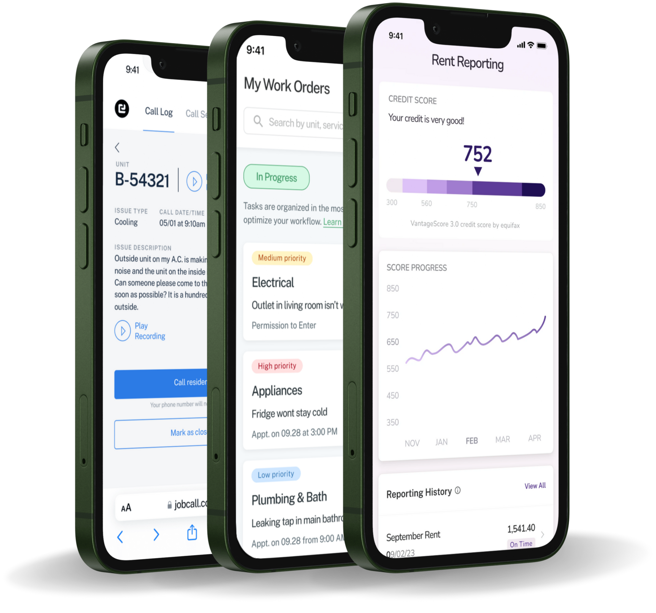 Rex promotional image showing maintenance call logs, work orders and rent reporting on three phones