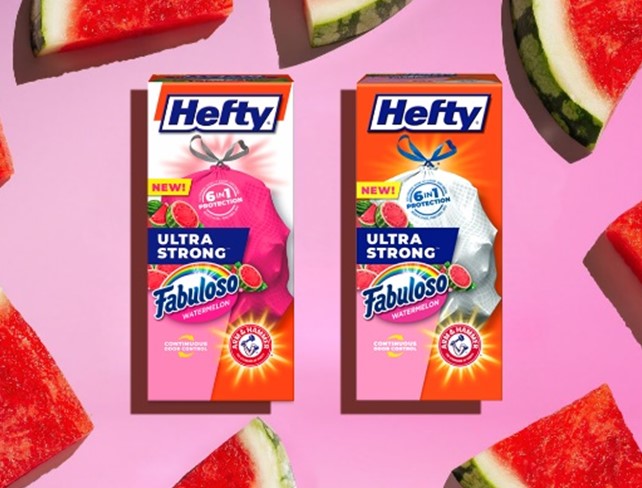 Pink and white Hefty Ultra Strong Fabuloso Watermelon trash-bag packages surrounded by watermelon slices