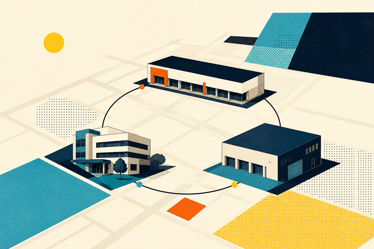 Abstract geometric illustration of retail, medical and industrial properties linked across a street grid