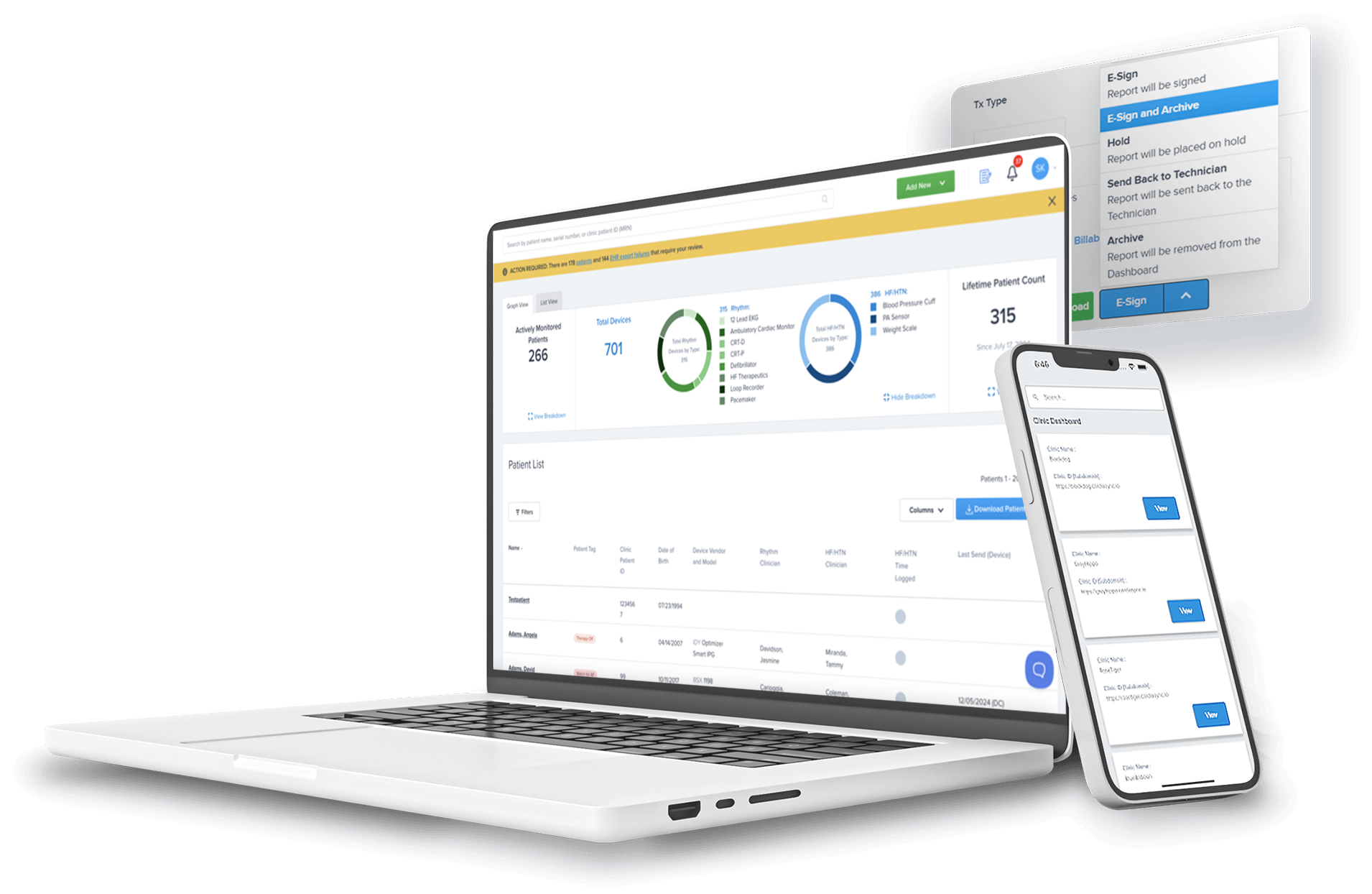 Rhythm360 platform displayed on a laptop and phone, including a patient dashboard and electronic sign-off controls