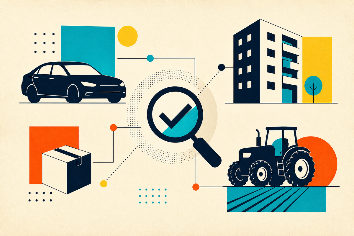 Abstract Swiss-style composition linking a car, apartment building, parcel and tractor to a verification symbol