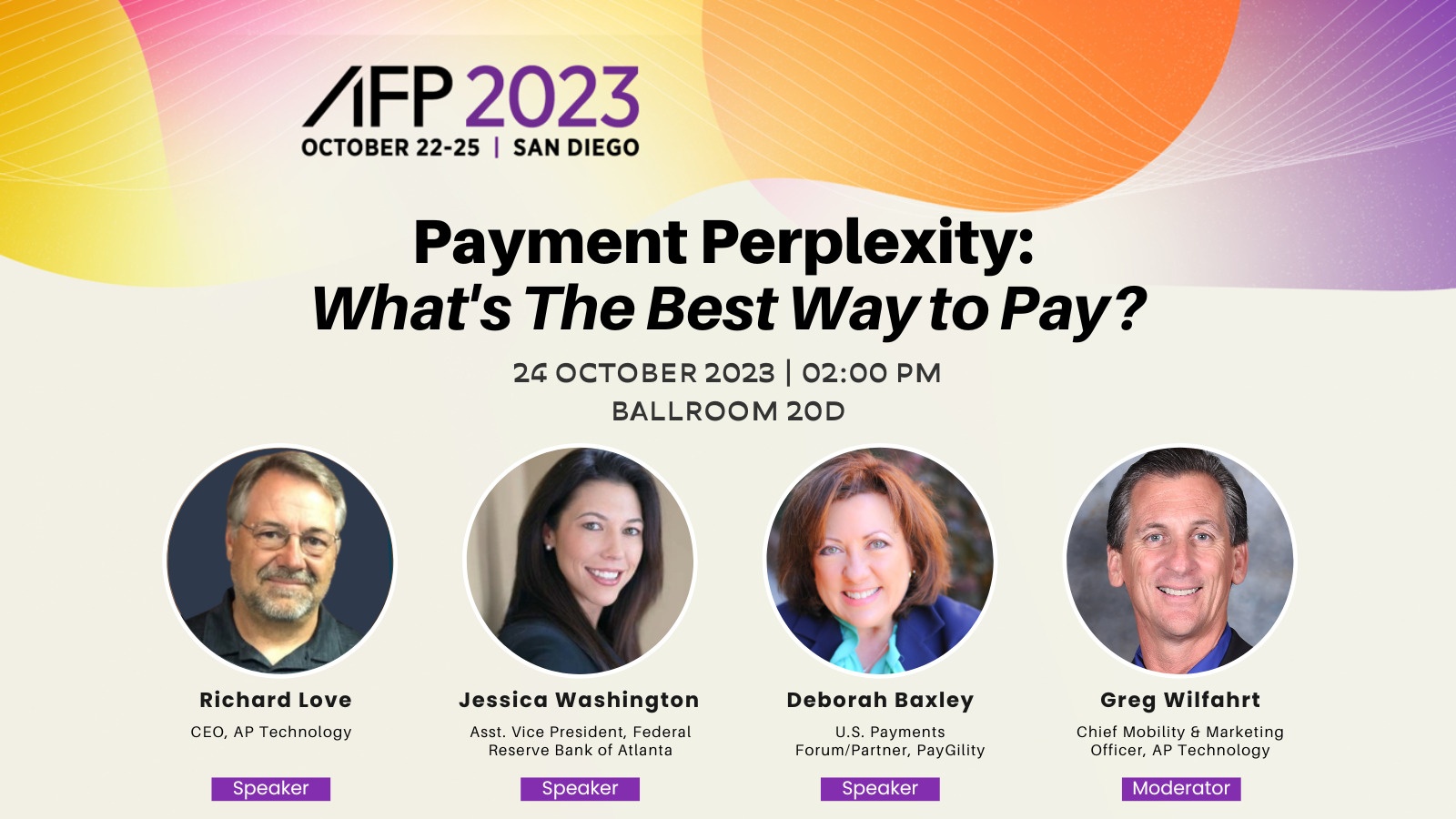AFP 2023 session card featuring Richard Love, Jessica Washington, Deborah Baxley and moderator Greg Wilfahrt