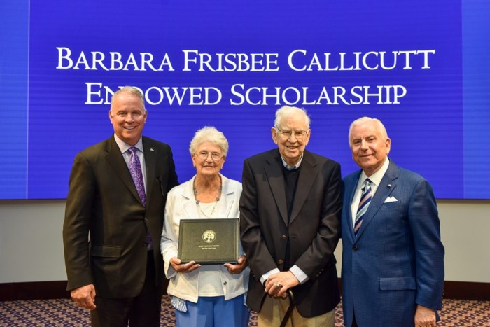 Rick Callicutt with his parents Barbara and Doug Callicutt and High Point University president Nido Qubein at the scholarship announcement
