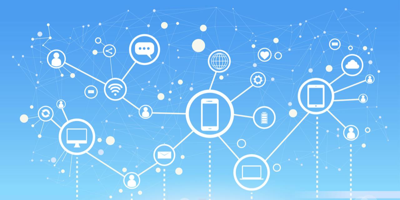 An illustrated network connecting people, computers, phones, messages and cloud services