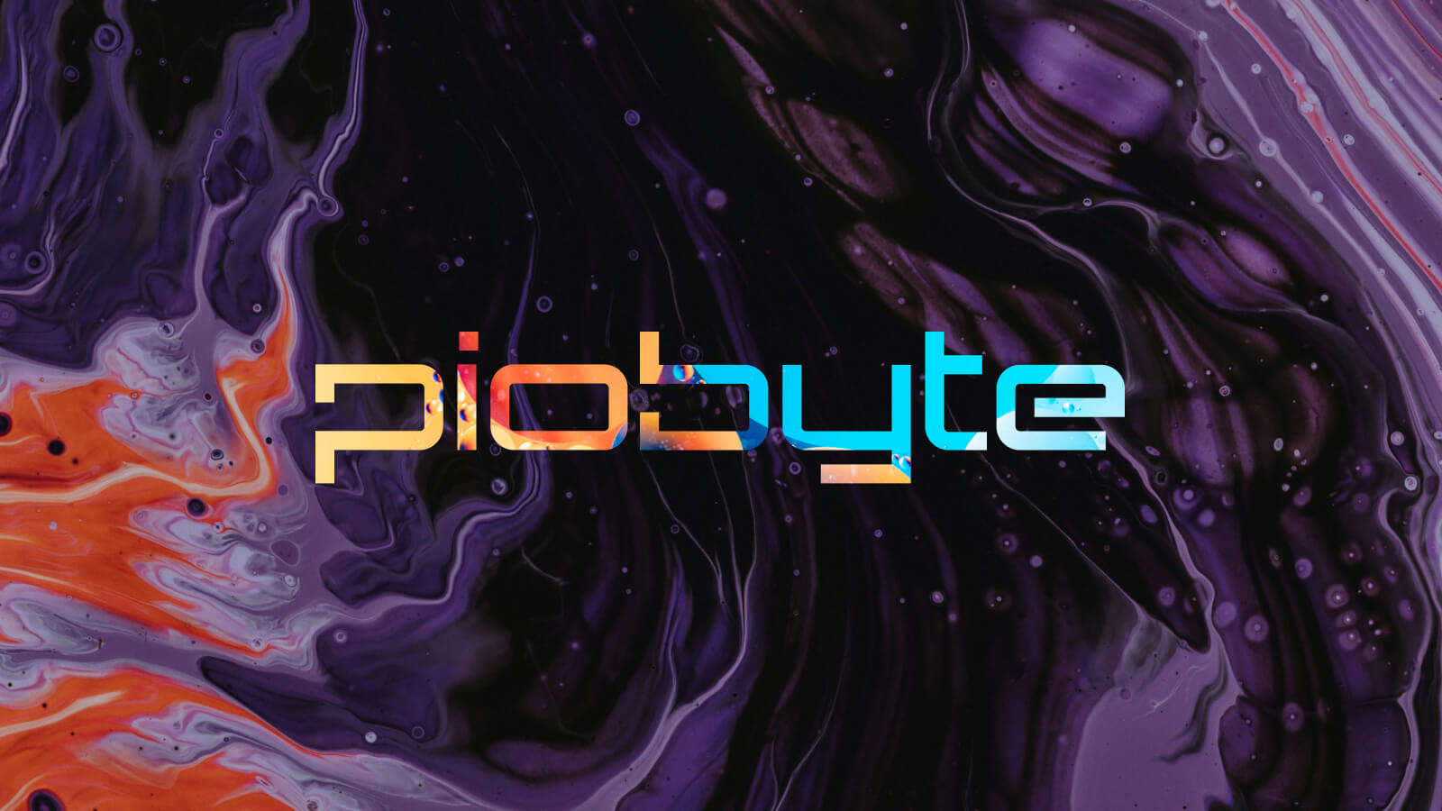 Colorful Piobyte wordmark on an abstract purple background
