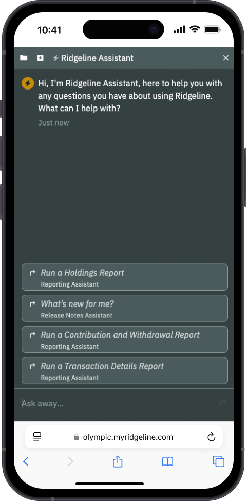 Ridgeline Assistant interface offering questions and reporting options