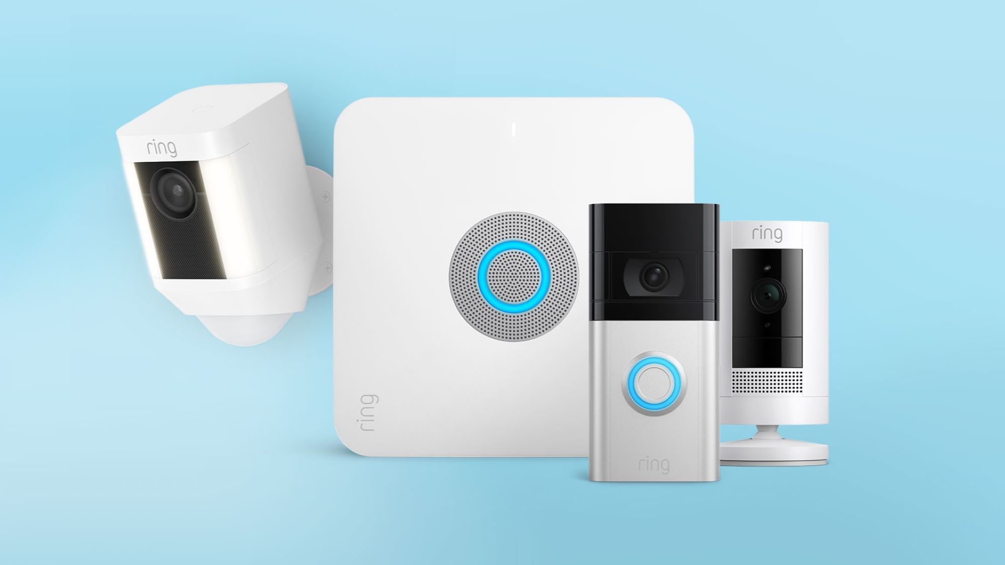 A current family of Ring doorbells, cameras and security devices arranged together