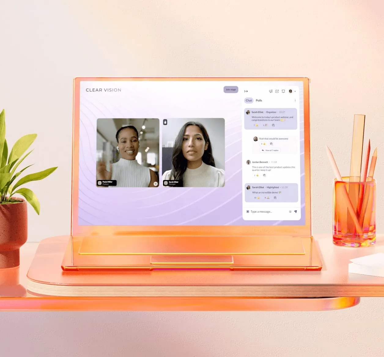 RingCentral Events product illustration showing two speakers alongside audience chat