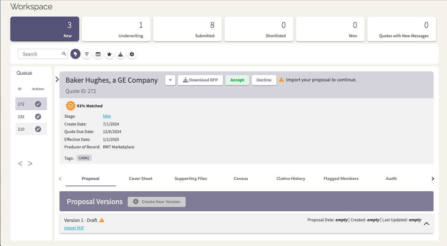 Quote-LinQ proposal workspace showing a Version 1 draft and quote details