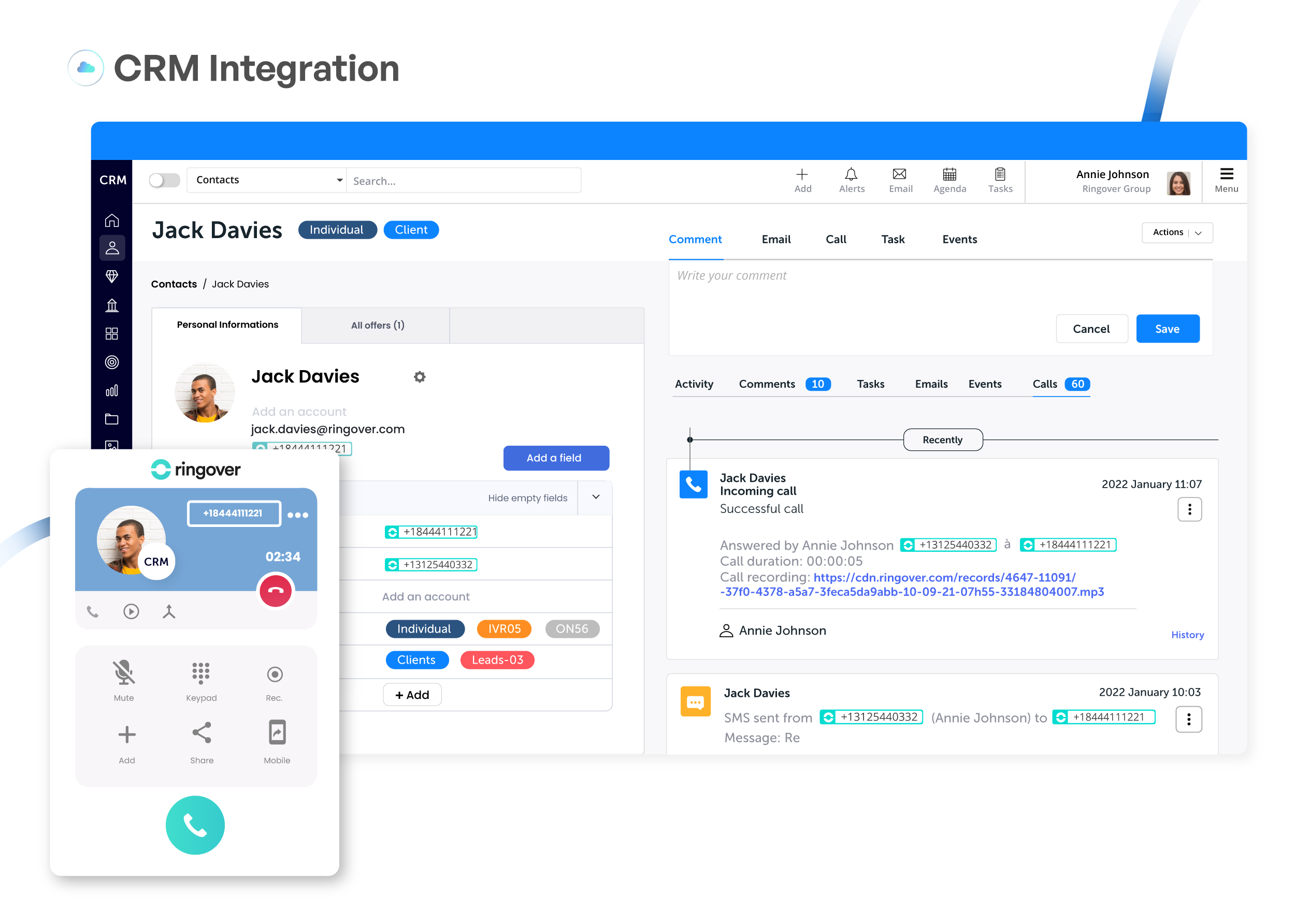 Ringover press-kit screenshot showing a CRM integration
