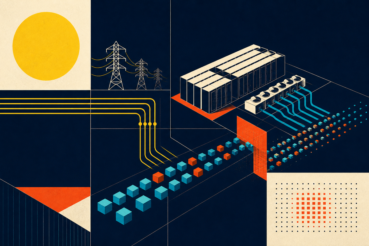 Abstract Swiss-style illustration of power lines feeding a modular data center and streams of computation