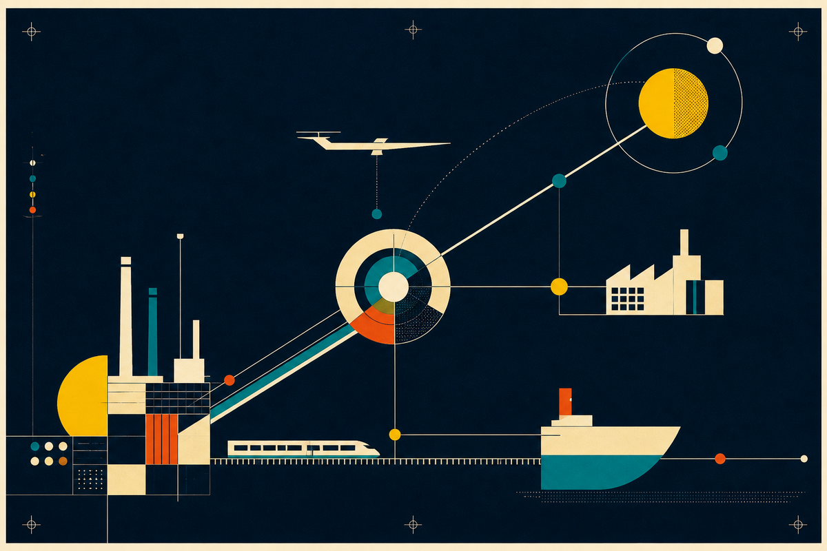 Abstract Swiss-style composition connecting a factory, train, ship, aircraft and orbital system