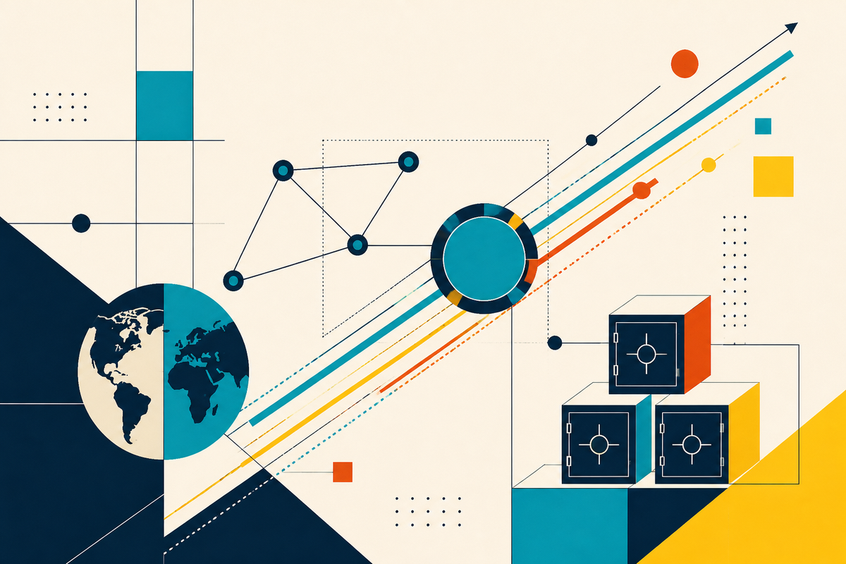 Abstract geometric illustration of transaction rails, ledger nodes, a token and secure vaults crossing a globe