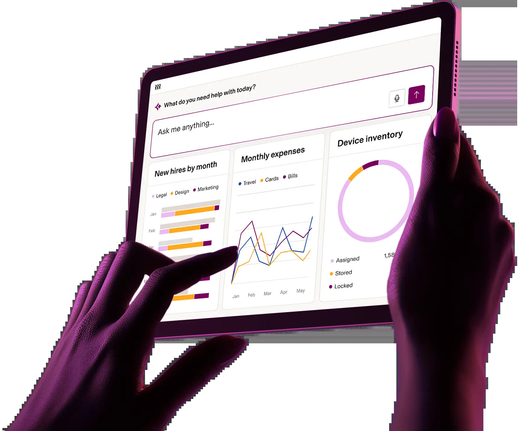 Rippling product interface shown on a tablet, with workforce, expense, and device charts