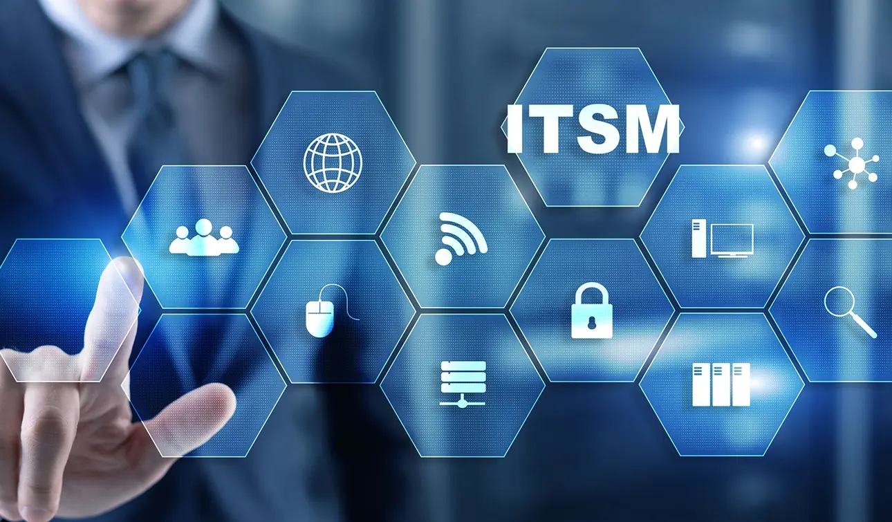Illustrative IT service management image with connected hexagonal icons