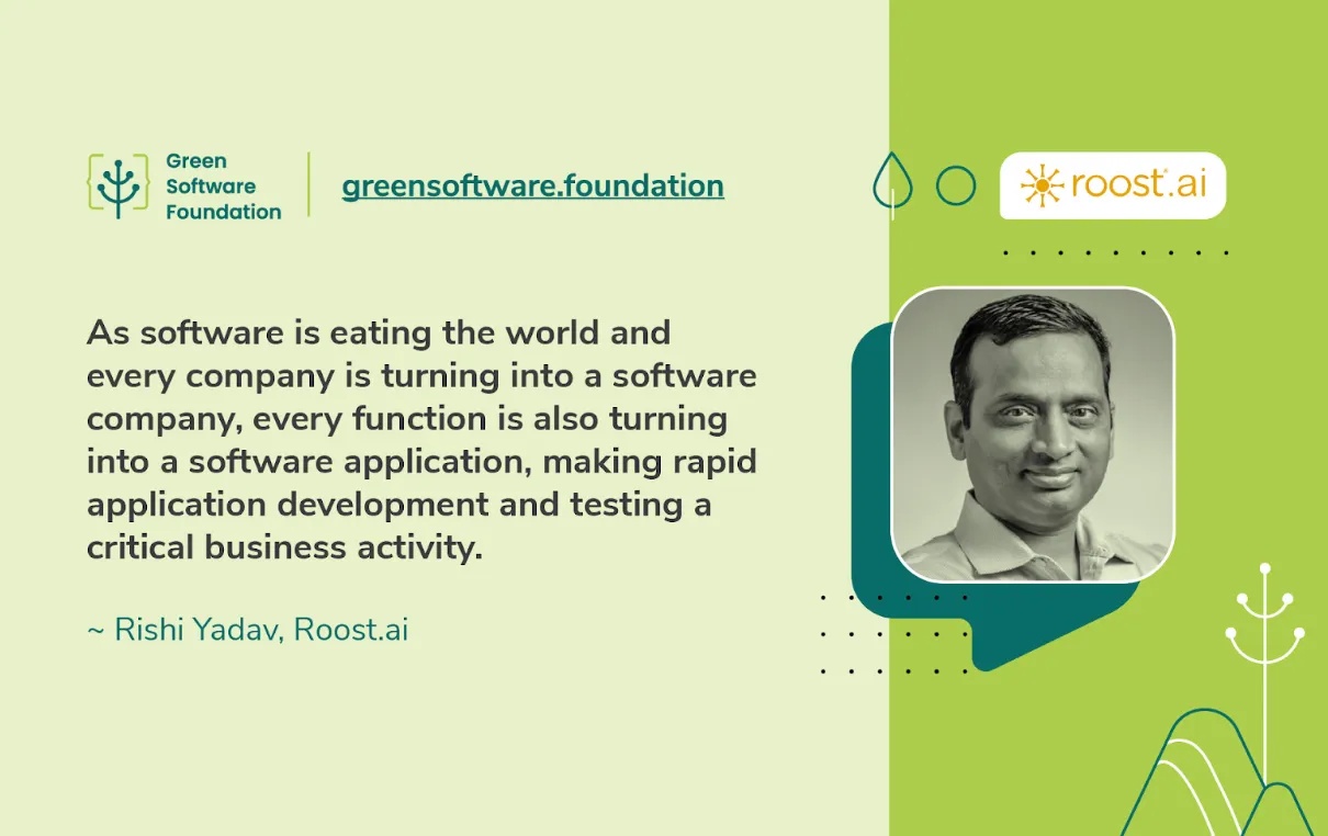 Green Software Foundation interview graphic featuring Rishi Yadav and Roost.ai