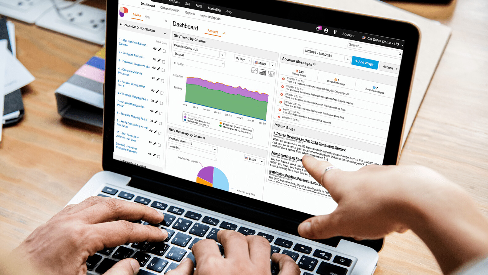 Rithum Advisor dashboard showing GMV charts, account messages and marketplace alerts