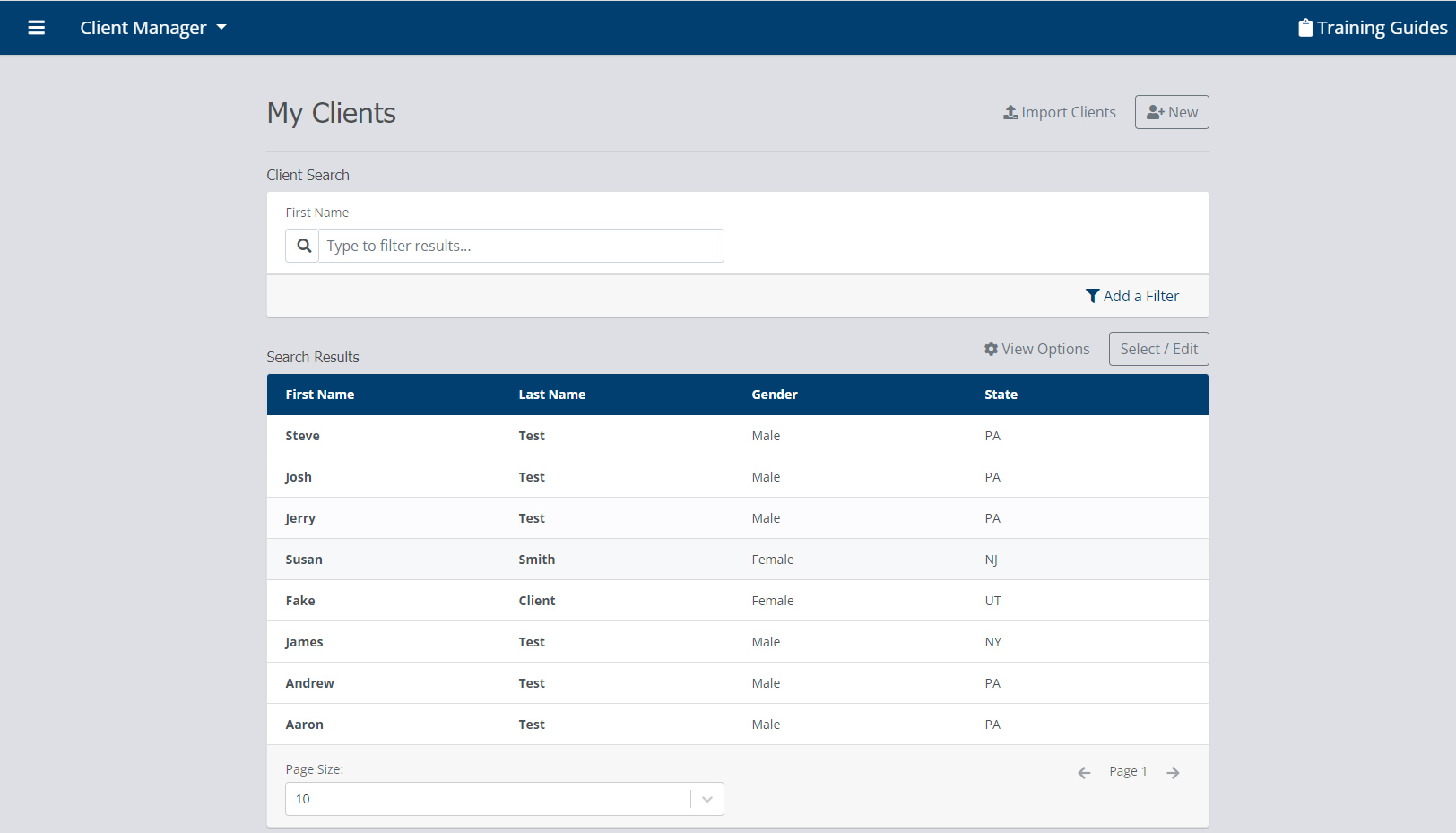 Client Manager interface shown on Ritter’s IntegrityCONNECT product page, with sample client records and search filters