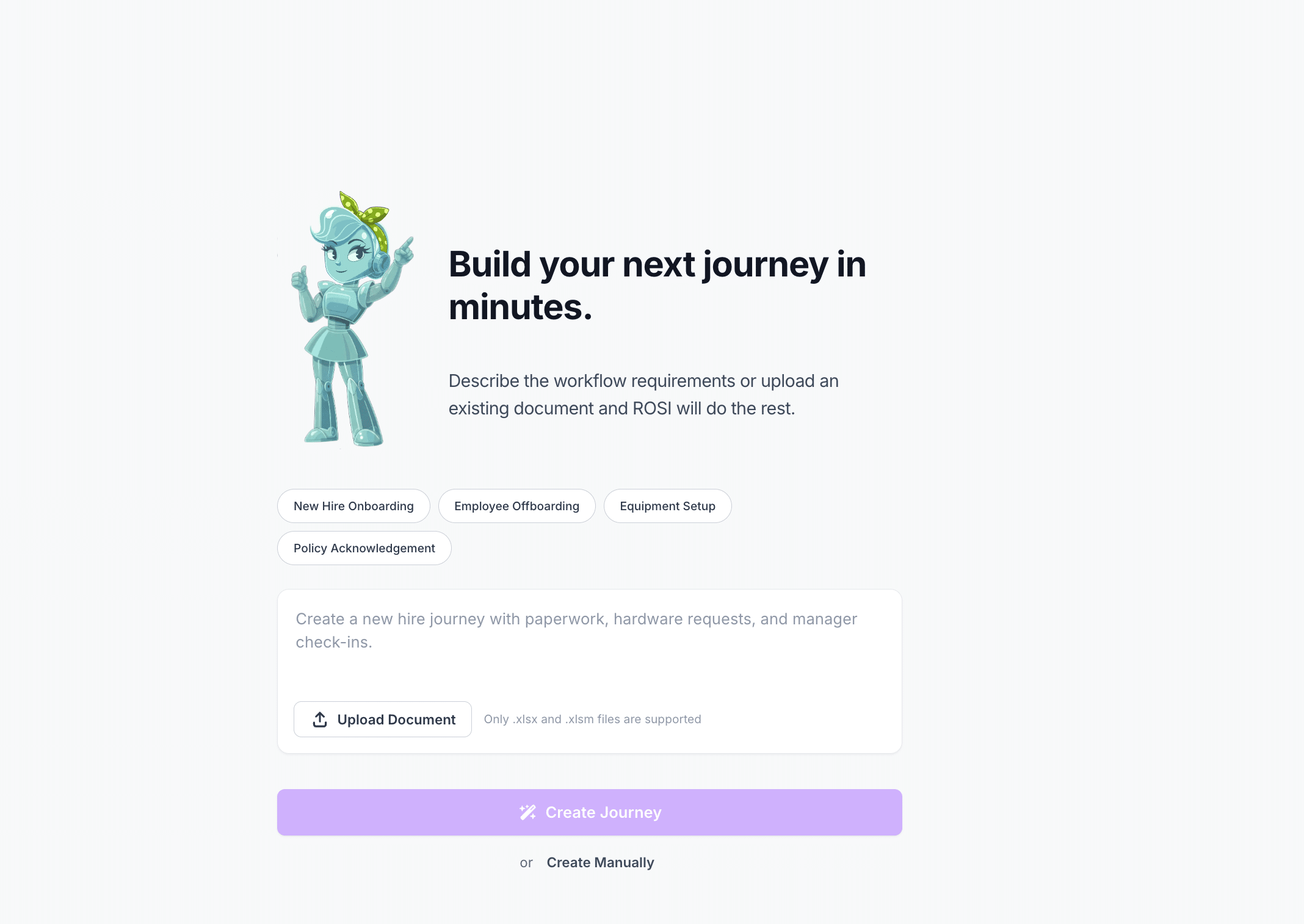 ROSI Journey Builder showing a prompt field and spreadsheet upload for creating an employee journey