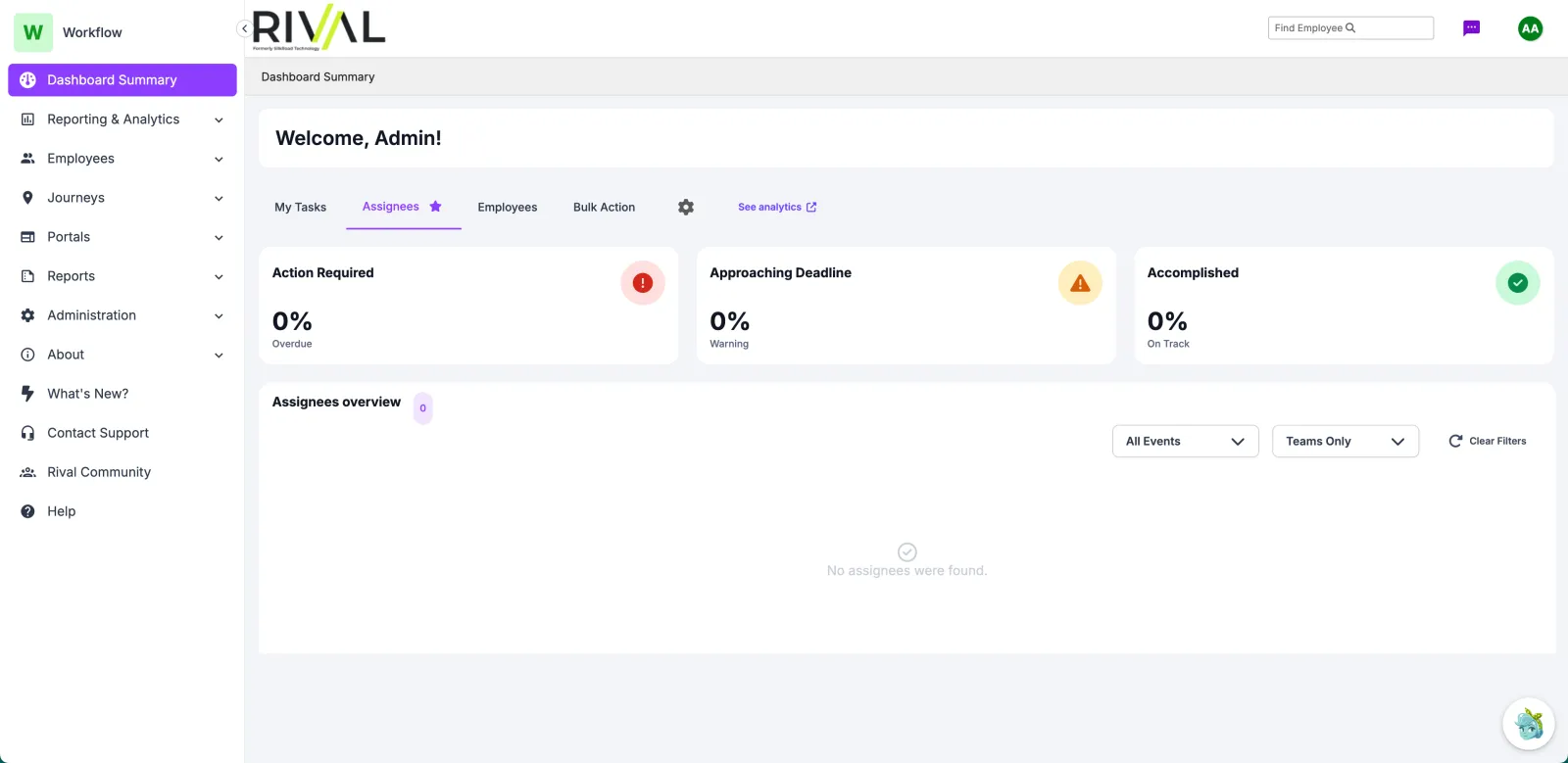 Rival Workflow dashboard with employee journeys, task status and administrative controls