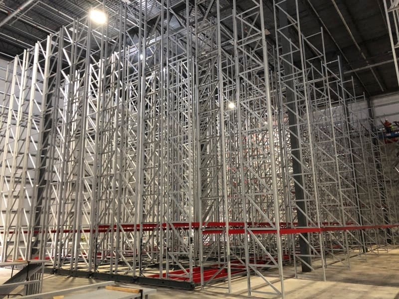 Mobile pallet racking on rails inside RLS Logistics’s Delanco warehouse
