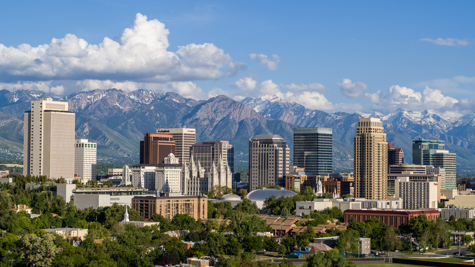 Salt Lake City skyline beneath the Wasatch Mountains