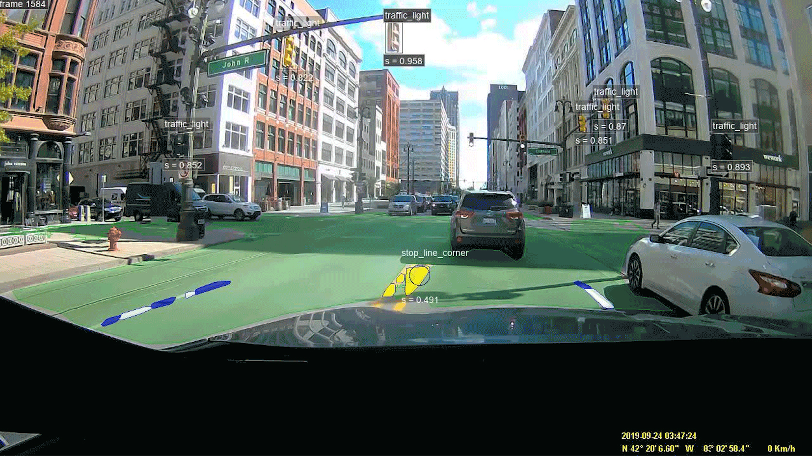 CARMERA Detroit mapping demonstration with traffic signals and road features identified in a camera image