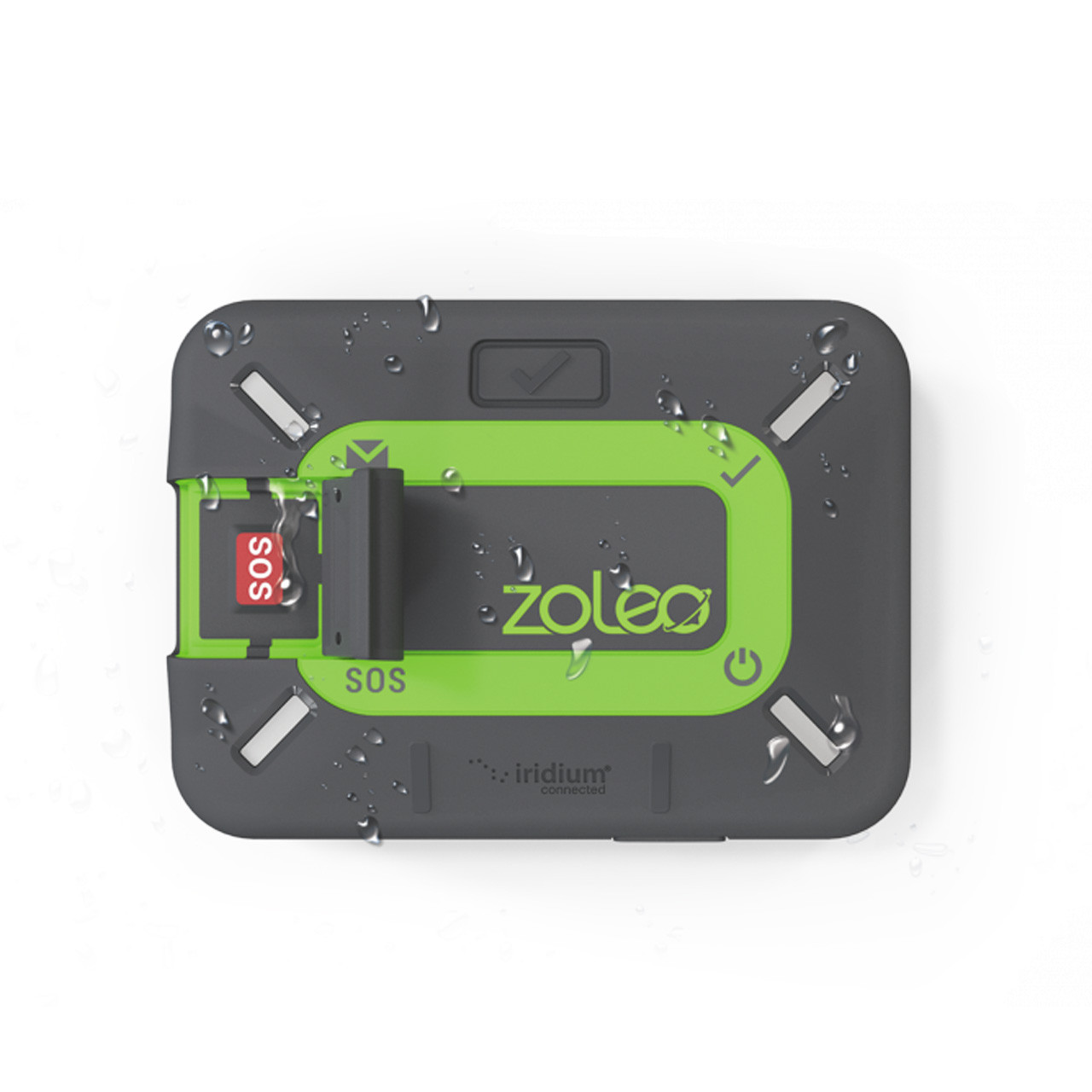 Gray and green ZOLEO satellite communicator with its protected SOS button open and water droplets on the case