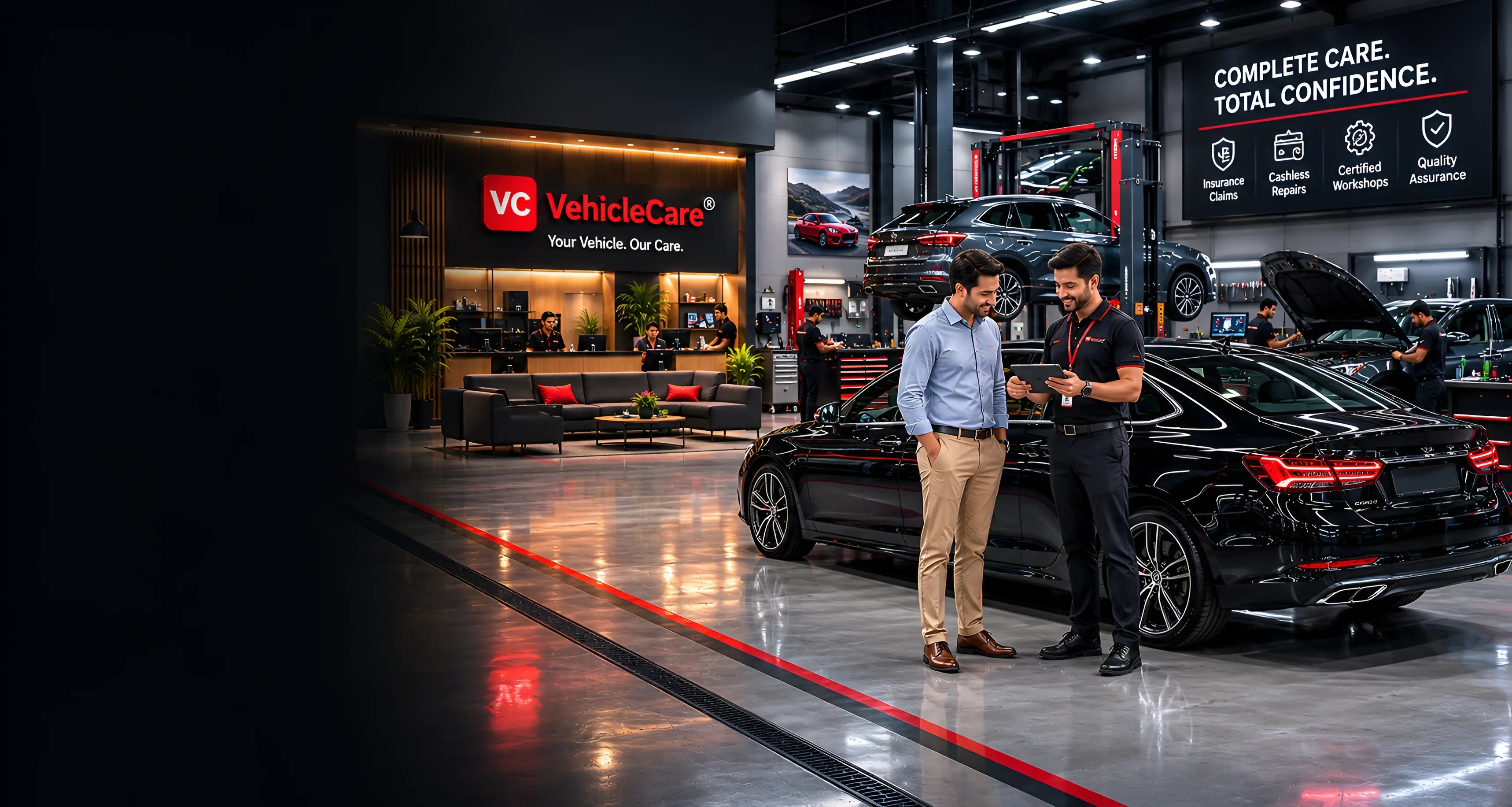 VehicleCare promotional illustration of a workshop with cars, technicians and a customer