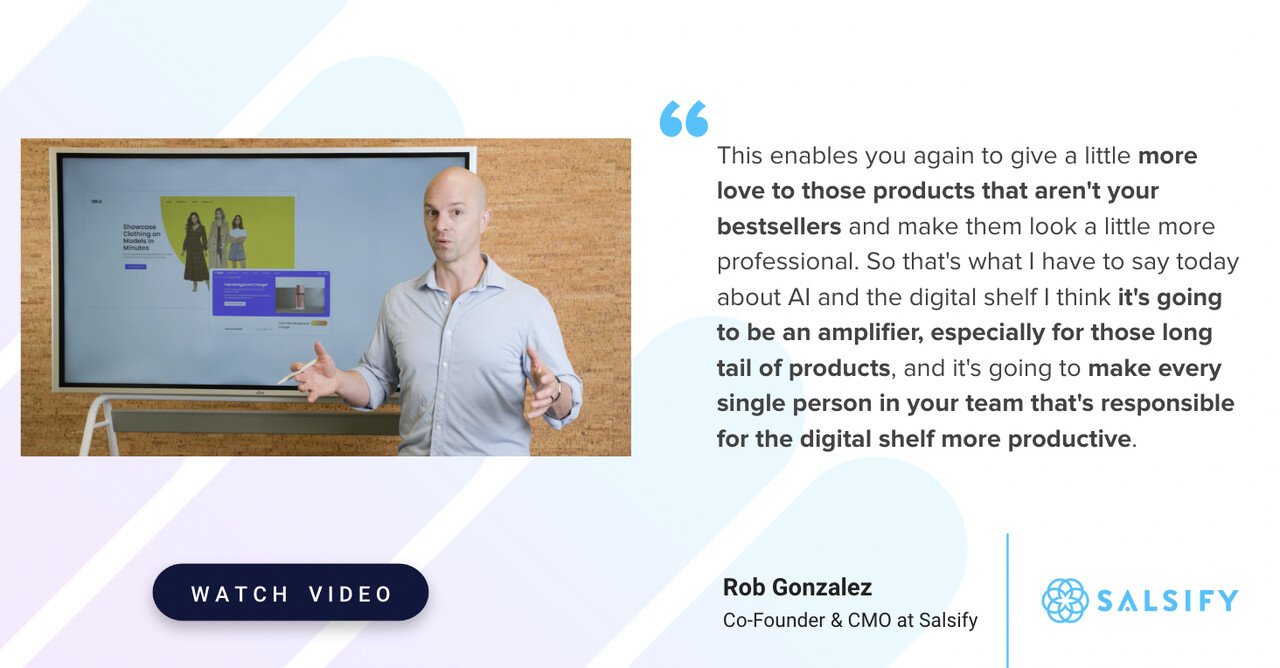 Rob Gonzalez presenting beside a screen during a Salsify video about artificial intelligence and the digital shelf