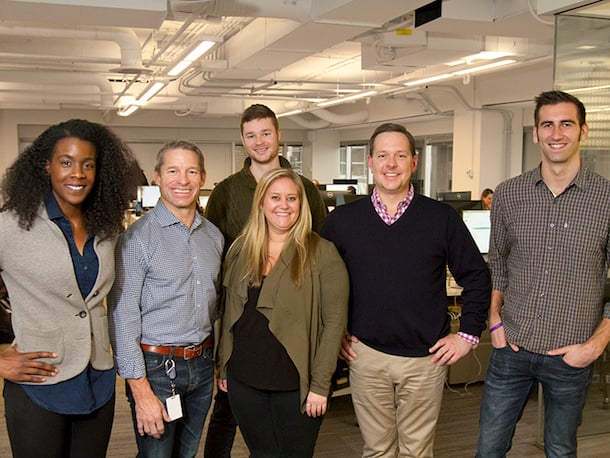 Six members of the FourKites team standing together in their Chicago office in 2017