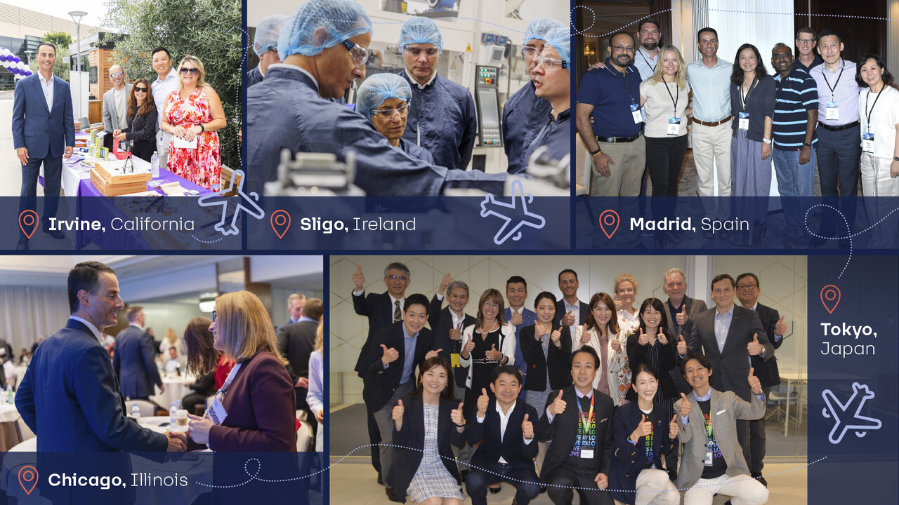A collage of Rob Michael meeting AbbVie colleagues in Irvine, Sligo, Madrid, Chicago and Tokyo.