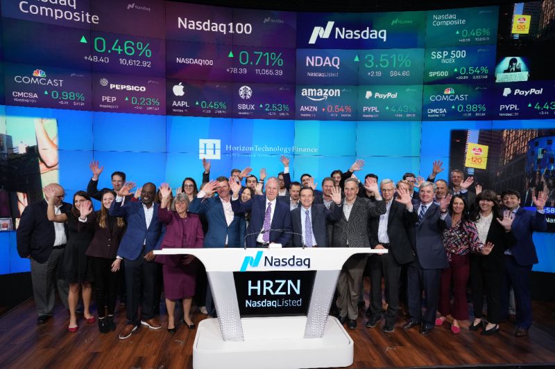 Horizon Technology Finance colleagues gathered around the HRZN podium at Nasdaq’s closing bell ceremony