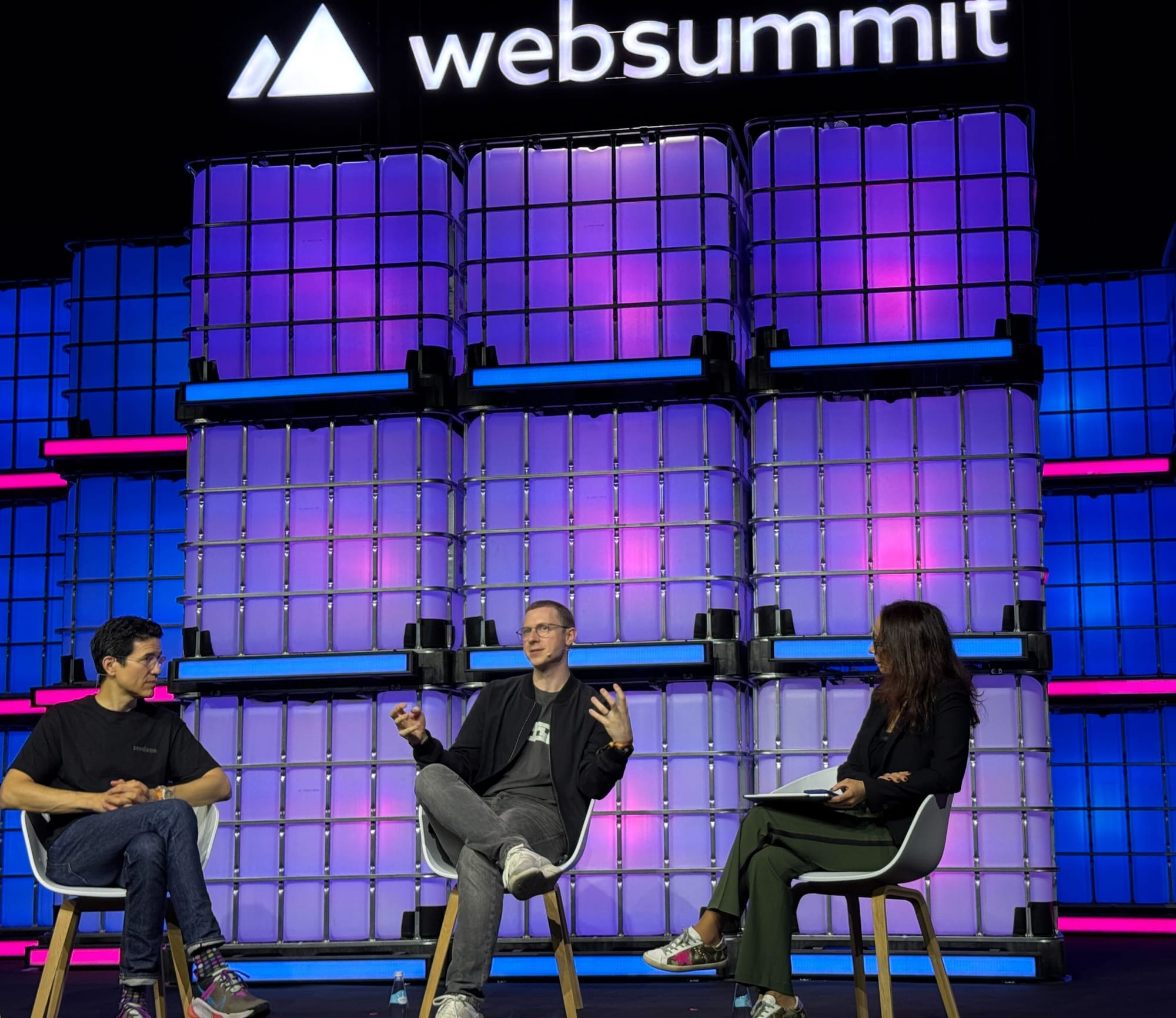 Rob Whitehead, centre, speaking on a Web Summit panel with Robby Yung and Sofia Tenreiro