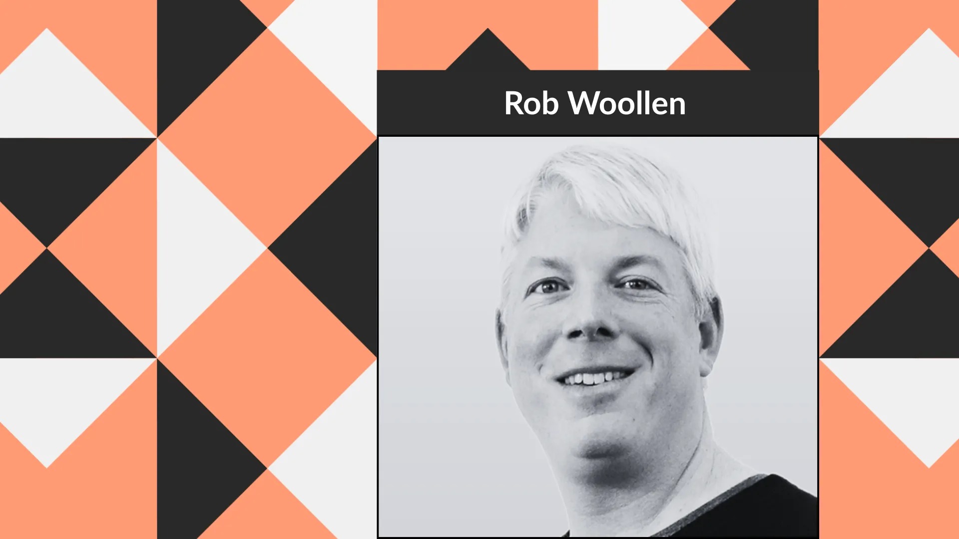Editorial portrait graphic of Rob Woollen against peach, black, and white geometric shapes