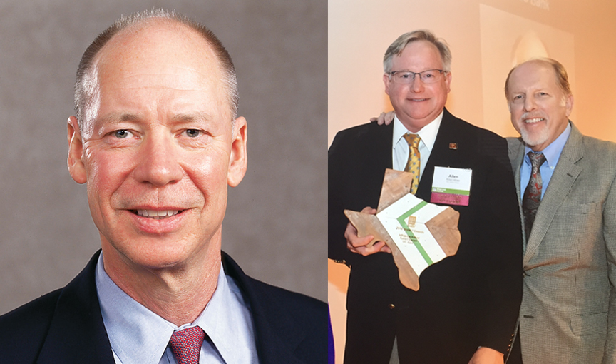 Bob Barnes, at right, beside a fellow attendee holding a Texas-shaped award at the 2019 ULI event
