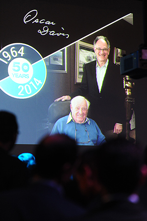 A photograph of Oscar and Robert Davis projected at Hayward's fiftieth-anniversary celebration