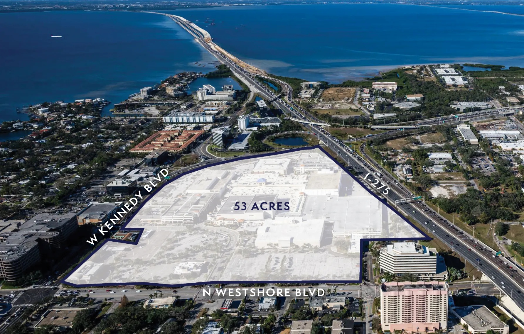 Aerial view of WestShore Plaza and the surrounding Tampa roads